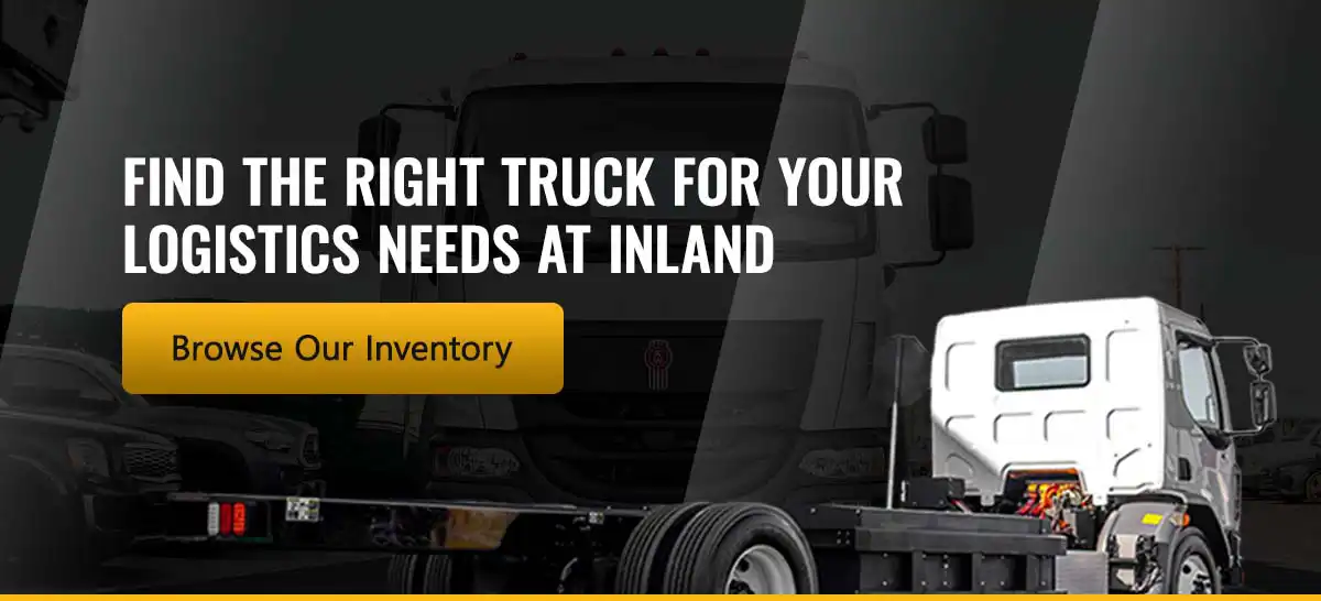 Banner with a white Kenworth cab-over truck chassis, featuring text that reads 'Find the right truck for your logistics needs at Inland' and a 'Browse Our Inventory' button.
