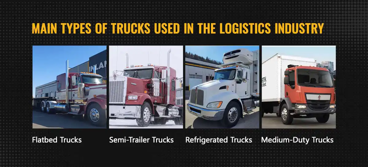 Infographic titled 'Main Types of Trucks Used in the Logistics Industry' displaying four key vehicle categories: a Flatbed Truck for open hauling, a Semi-Trailer Truck for heavy haul, a Refrigerated Truck (Reefer) for cold chain logistics, and a Medium-Duty Truck for local delivery.