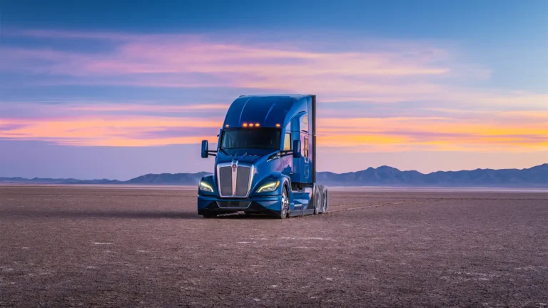 A blue Kenworth T680 parked in the middle of a desert with a sunset and mountains in the horizon.
